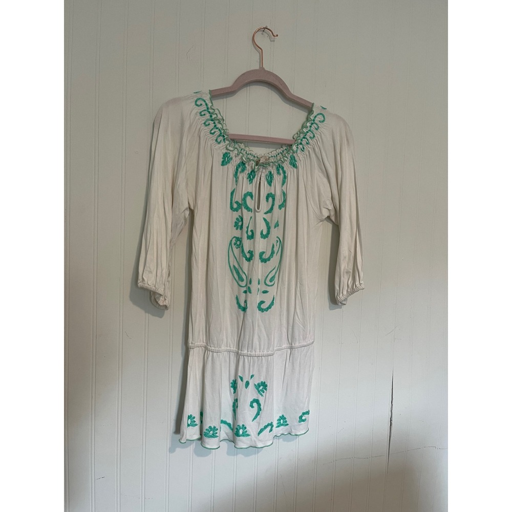 Boston Proper White Teal Embroidered Smocked Peasant Tunic Top XS Boho Coastal